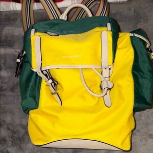 Preloved Burberry Green and Yellow Backpack nylon great condition many pockets